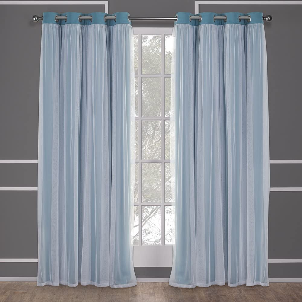 Exclusive Home Catarina Layered Solid Room Darkening Blackout and Sheer Grommet Top Curtain Panel Pair, 52"X108", Turquoise Home