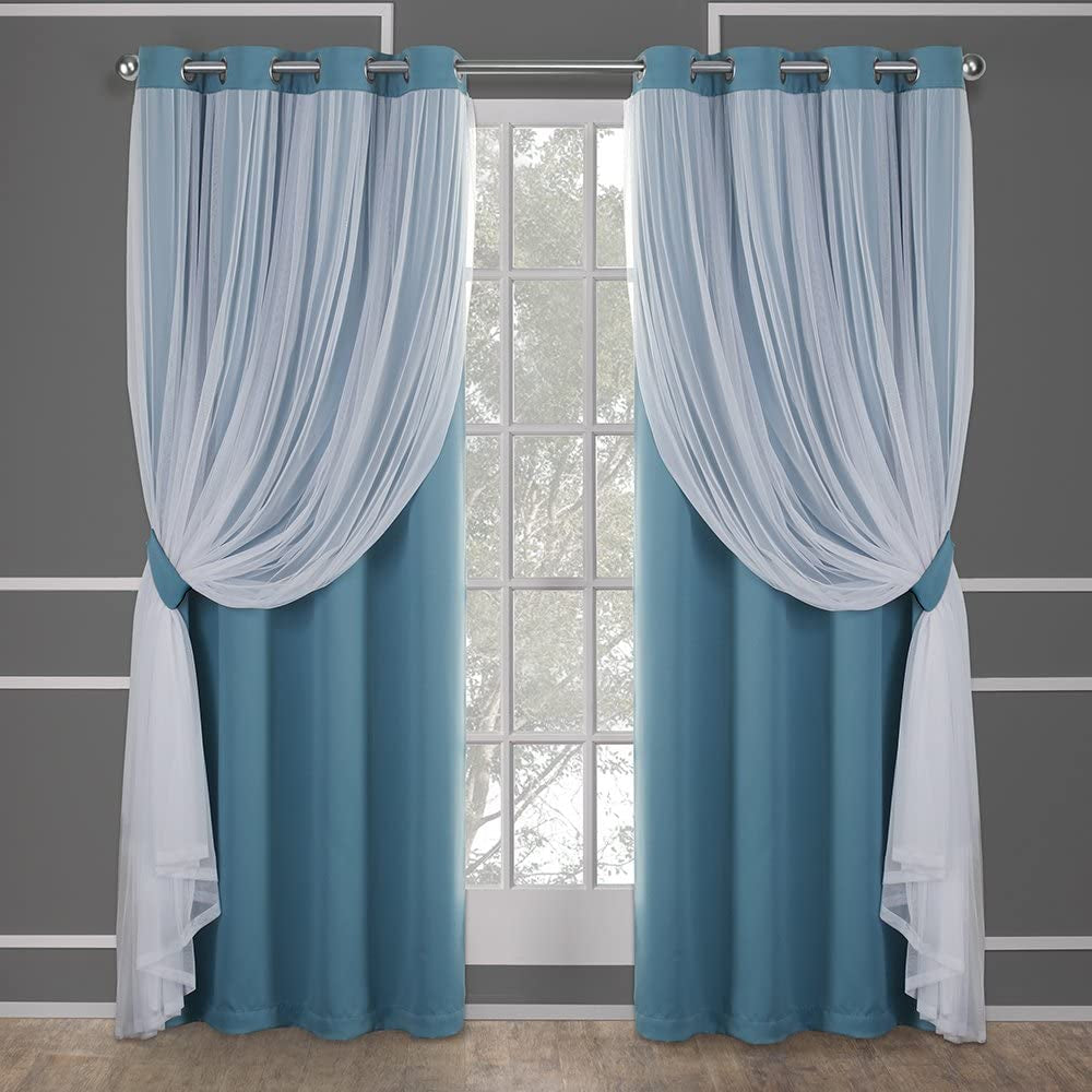 Exclusive Home Catarina Layered Solid Room Darkening Blackout and Sheer Grommet Top Curtain Panel Pair, 52"X108", Turquoise Home