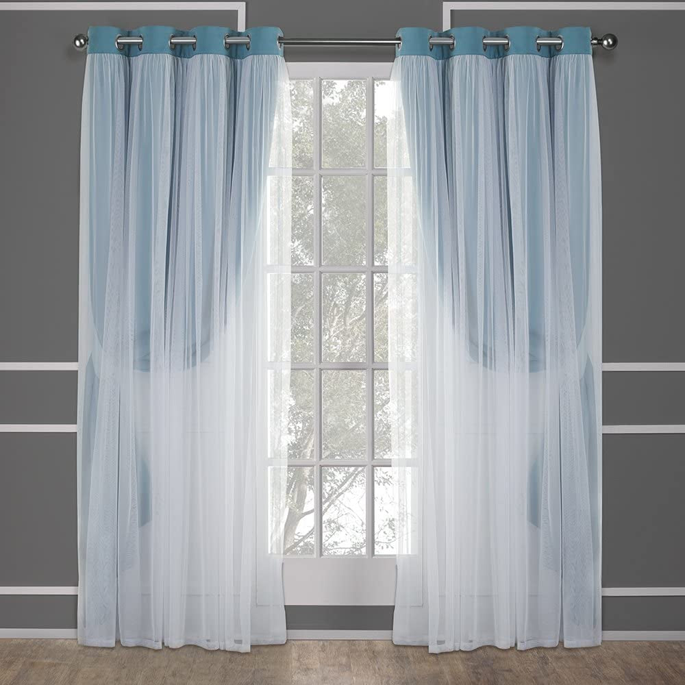 Exclusive Home Catarina Layered Solid Room Darkening Blackout and Sheer Grommet Top Curtain Panel Pair, 52"X108", Turquoise Home